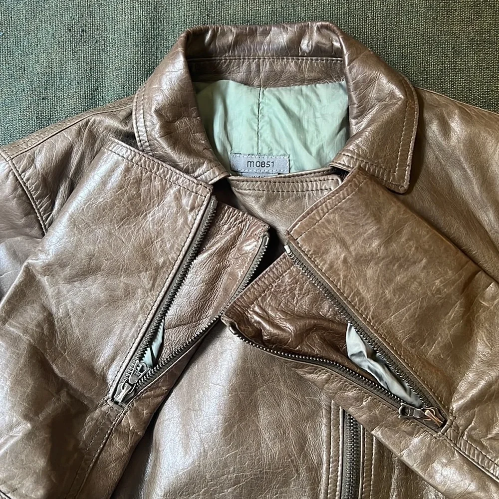 Army green leather jacket with collar - Picture 3 of 4